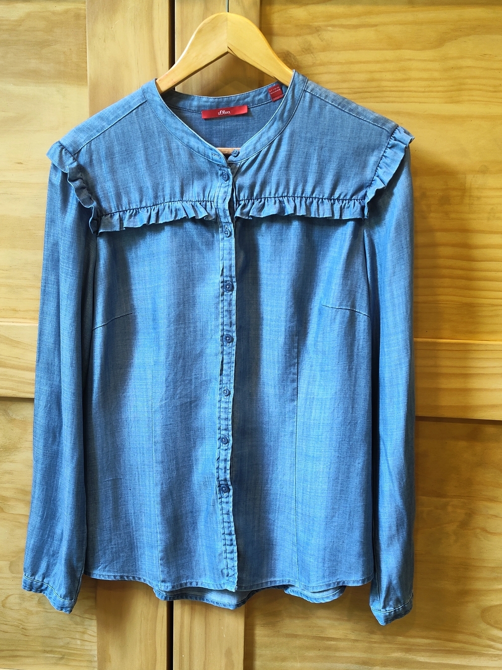 s.Oliver Women's Stone Blue Ruffle Yoke Button-Up Blouse | EU 40 US Large